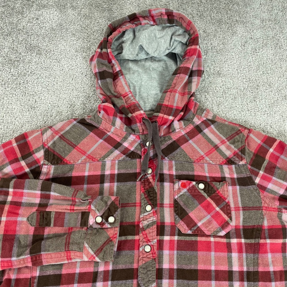 Carhartt Hooded Flannel Shirt Womens Large Pearl‎ Snap Front Plaid Pink Western